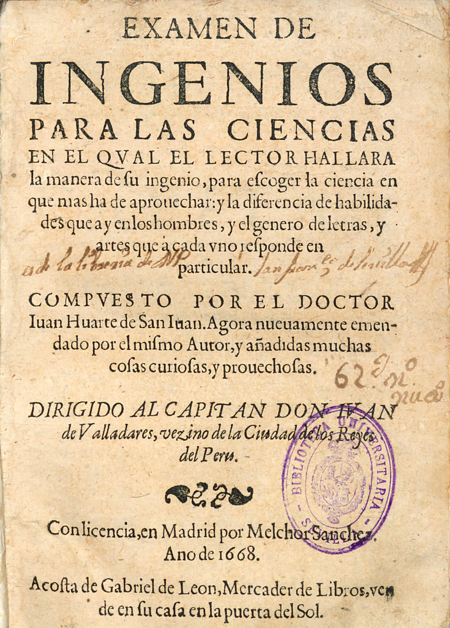 Libro Examen de Ingenios para las ciencias de Juan Huarte de San Juan