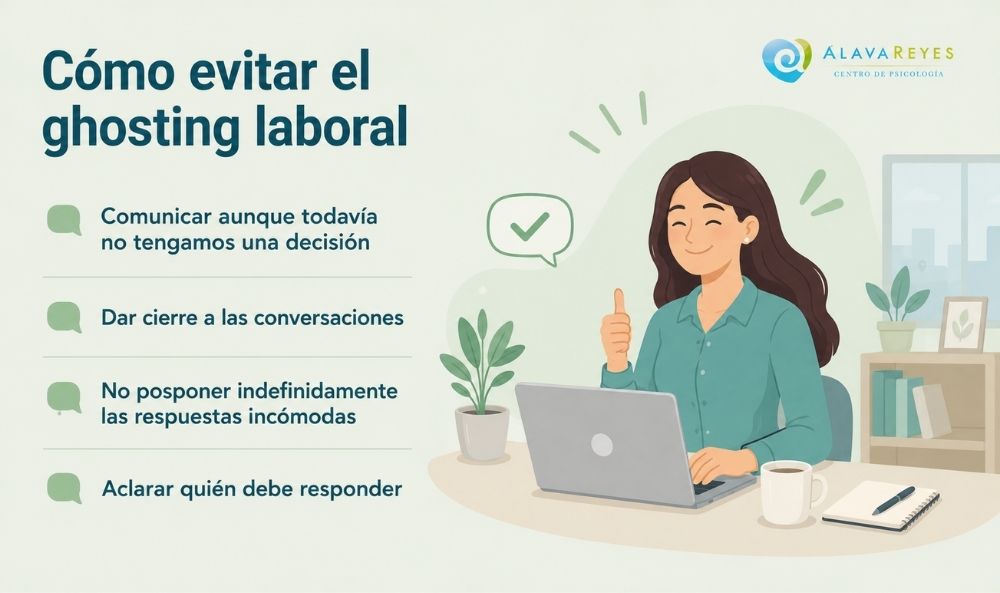 El ghosting laboral se evita comunicando aunque no haya respuesta clara aún, involucrandoa otras personas y no procrastinando